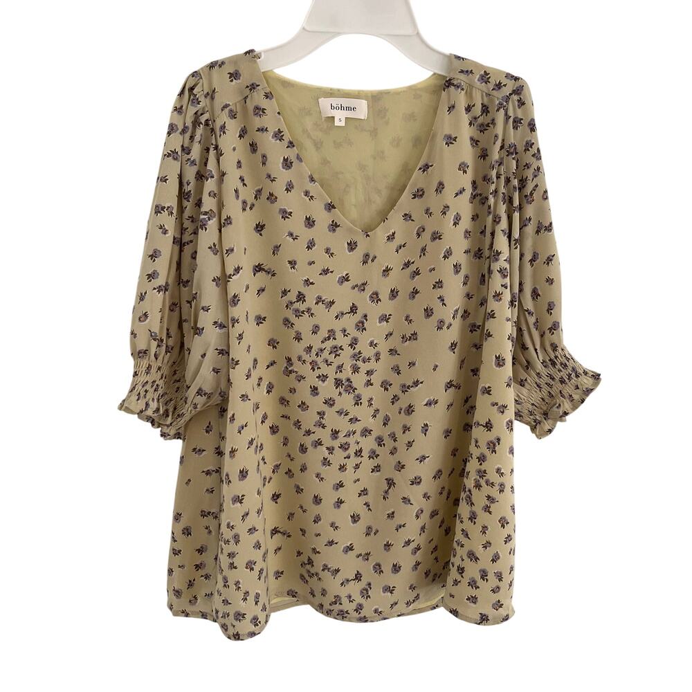 Bohme Blouse Womens Size Small Green Floral Boho Cottagecore Prairie V neck Top